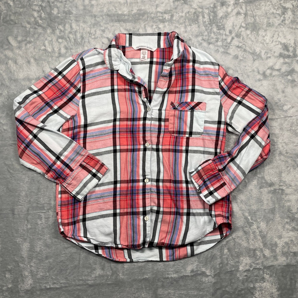 Victorias Secret Pink White Plaid Button Down Pajama Sleep Shirt Small